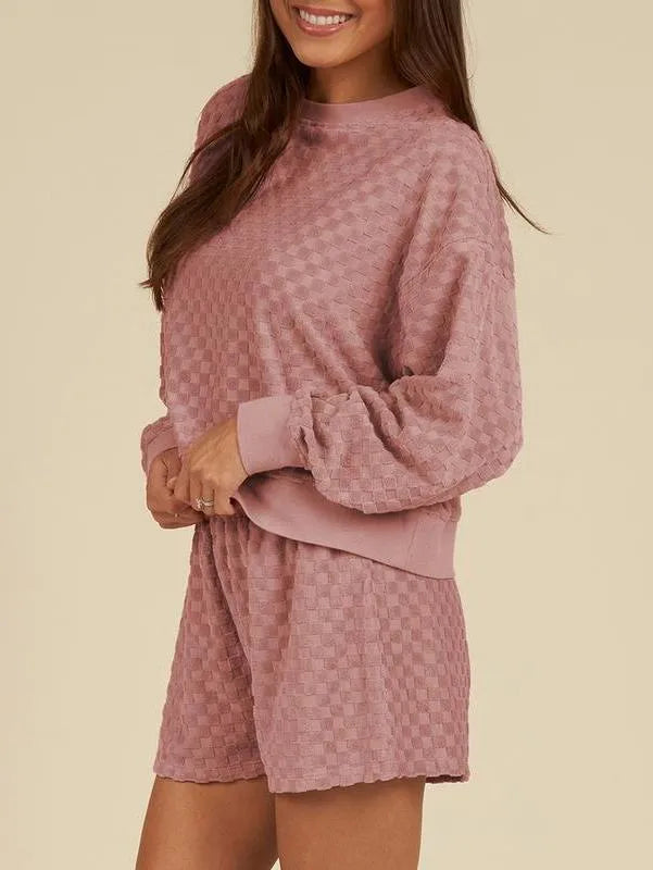 Women's Check Textured Long Sleeve Top and Shorts Set