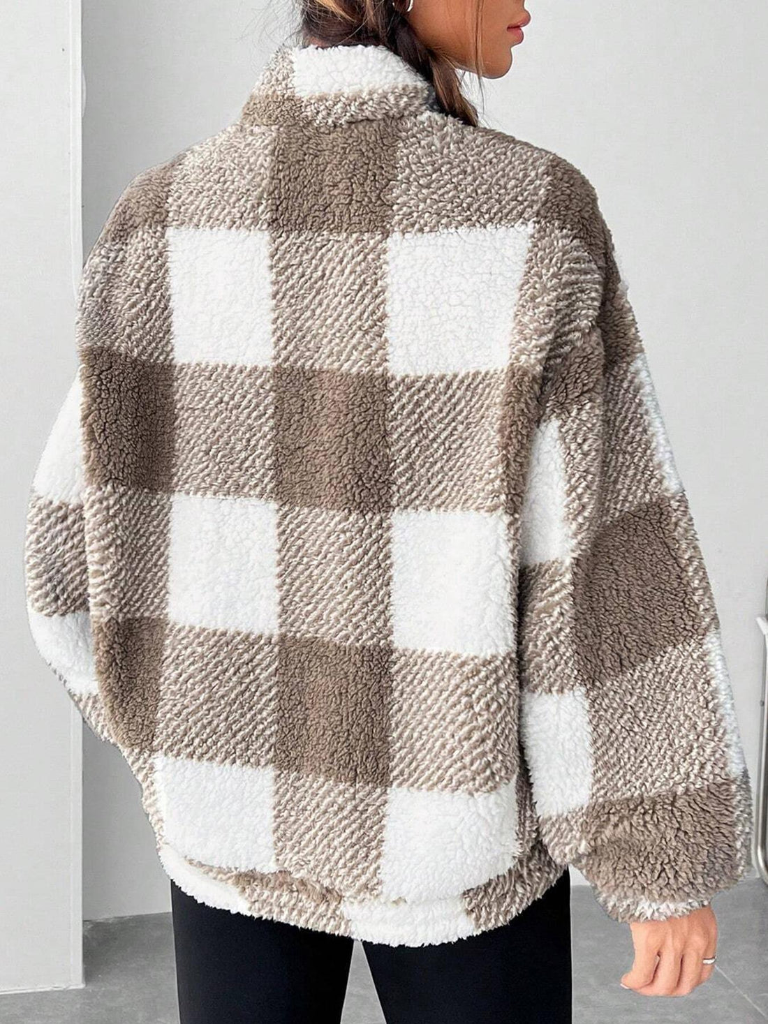 Women's Plaid Print Half Zip Drop Shoulder Fleece Sweatshirt