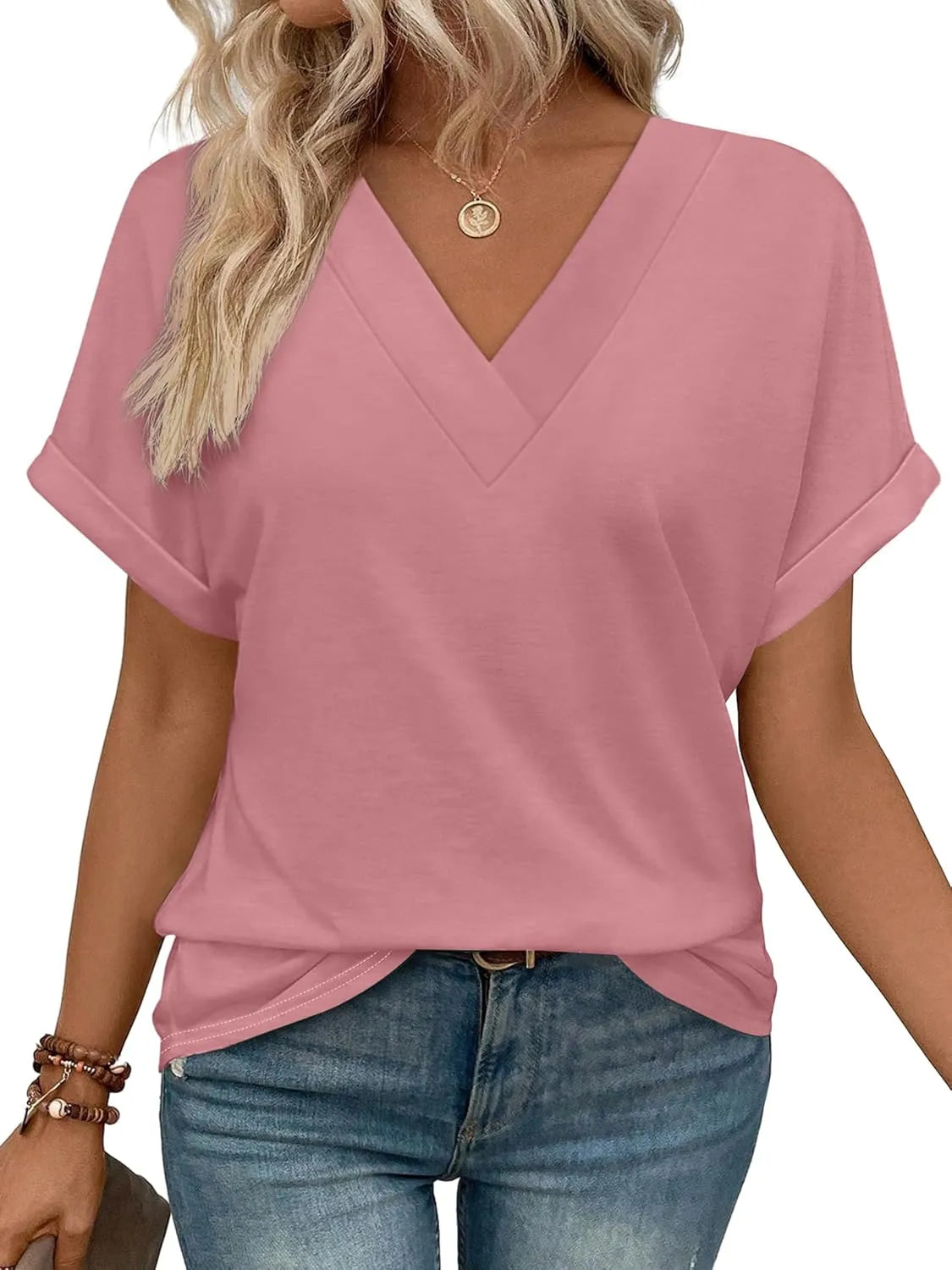 Women's Summer V Neck Short Sleeve Basic T Shirt
