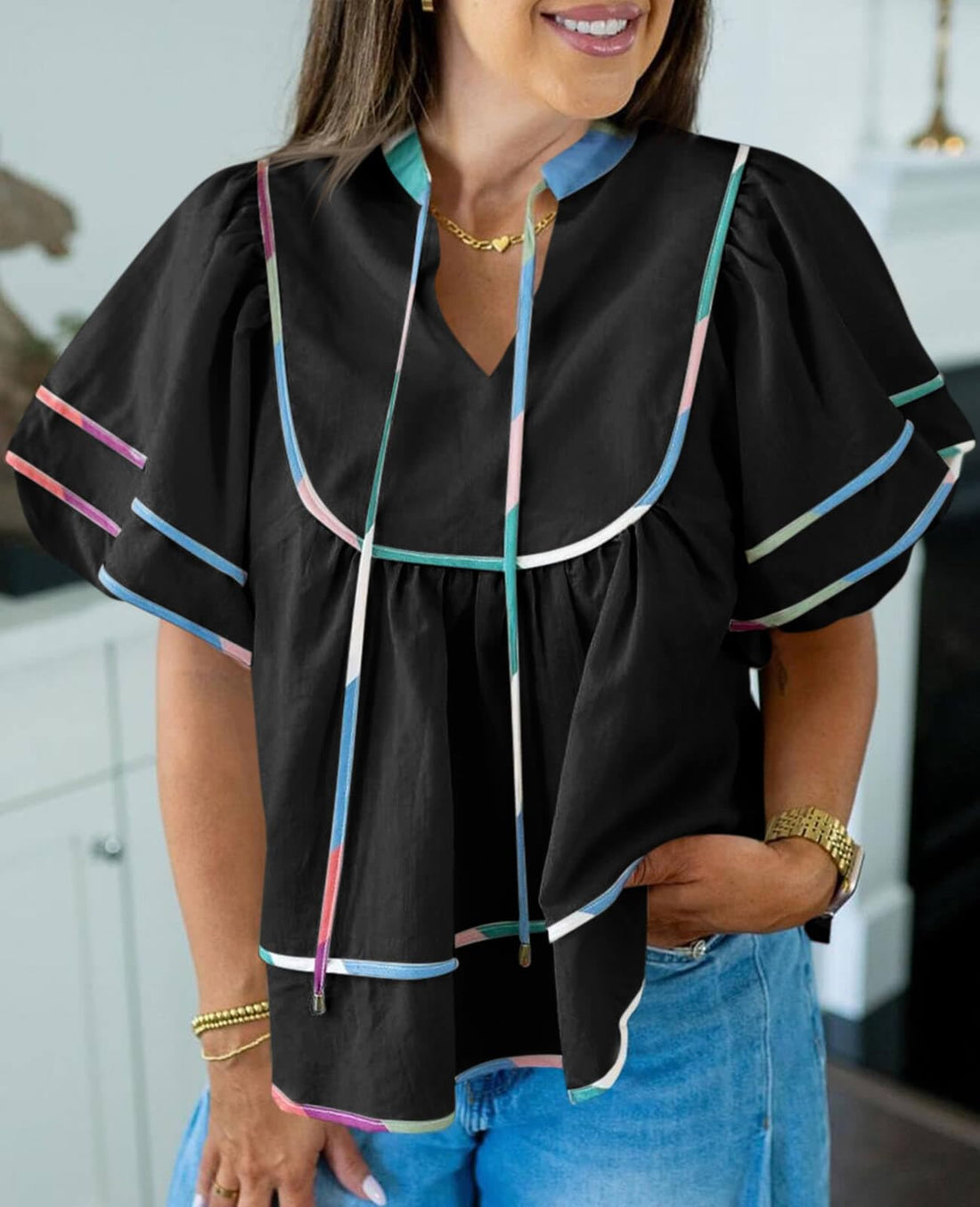 Womens Summer Babydoll Tops V Neck Short Lantern Sleeve Shirts Cute Loose Fit Peplum Flowy Blouses