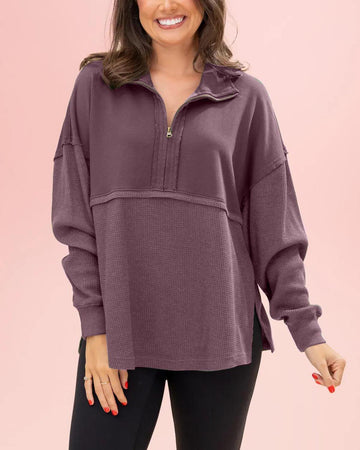 Women's Quarter Zip Pullover Slit Long Sleeve Top