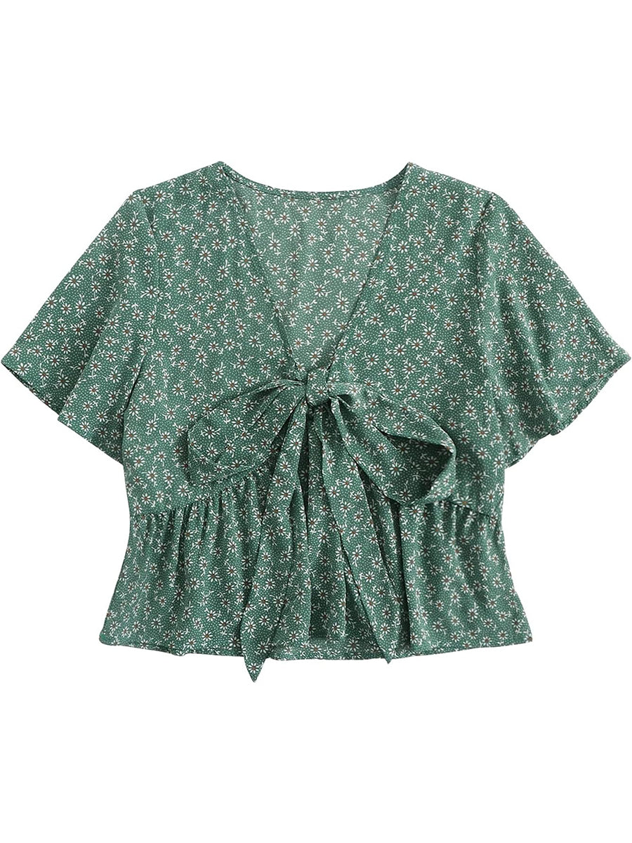 Women's Floral Print V Neck Tie Knot Ruffle Hem Short Sleeve Top