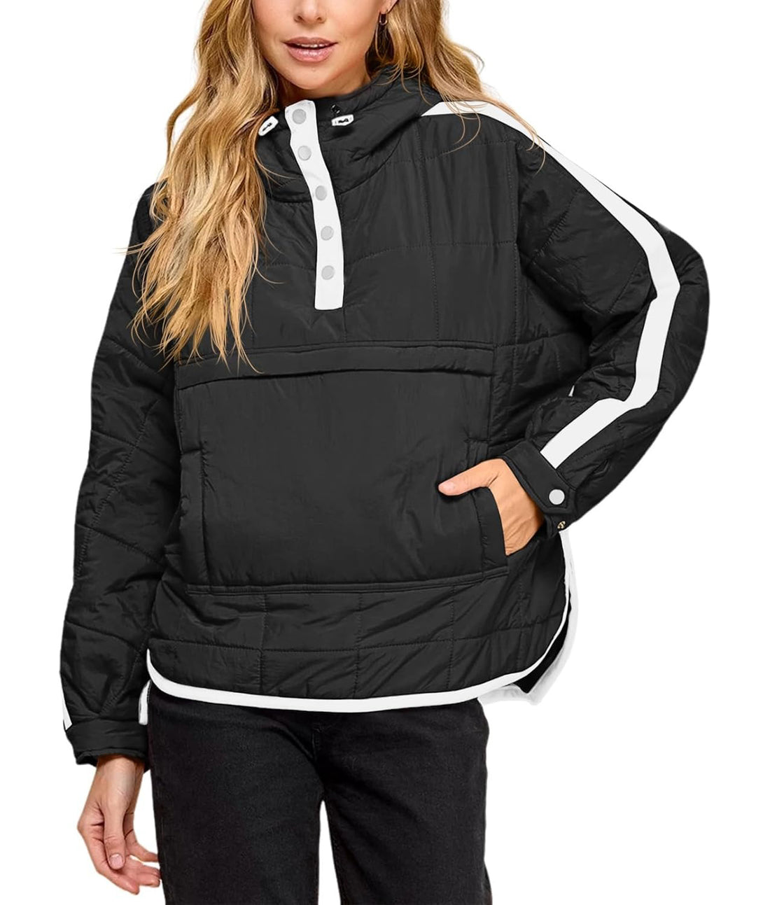Women's Puffer Quilted Color Block Puffy Pocket Hoodie Jacket