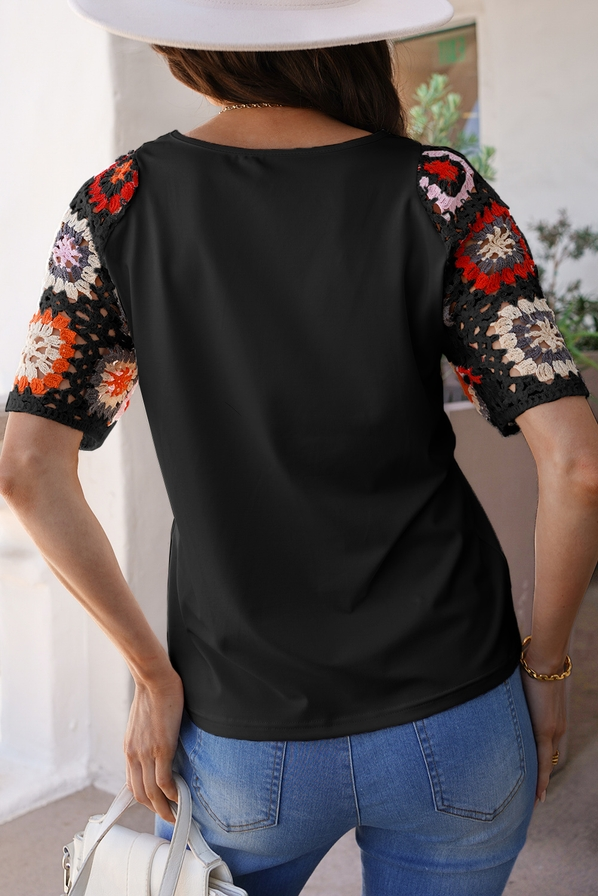 Floral Crochet Patchwork Round Neck Top