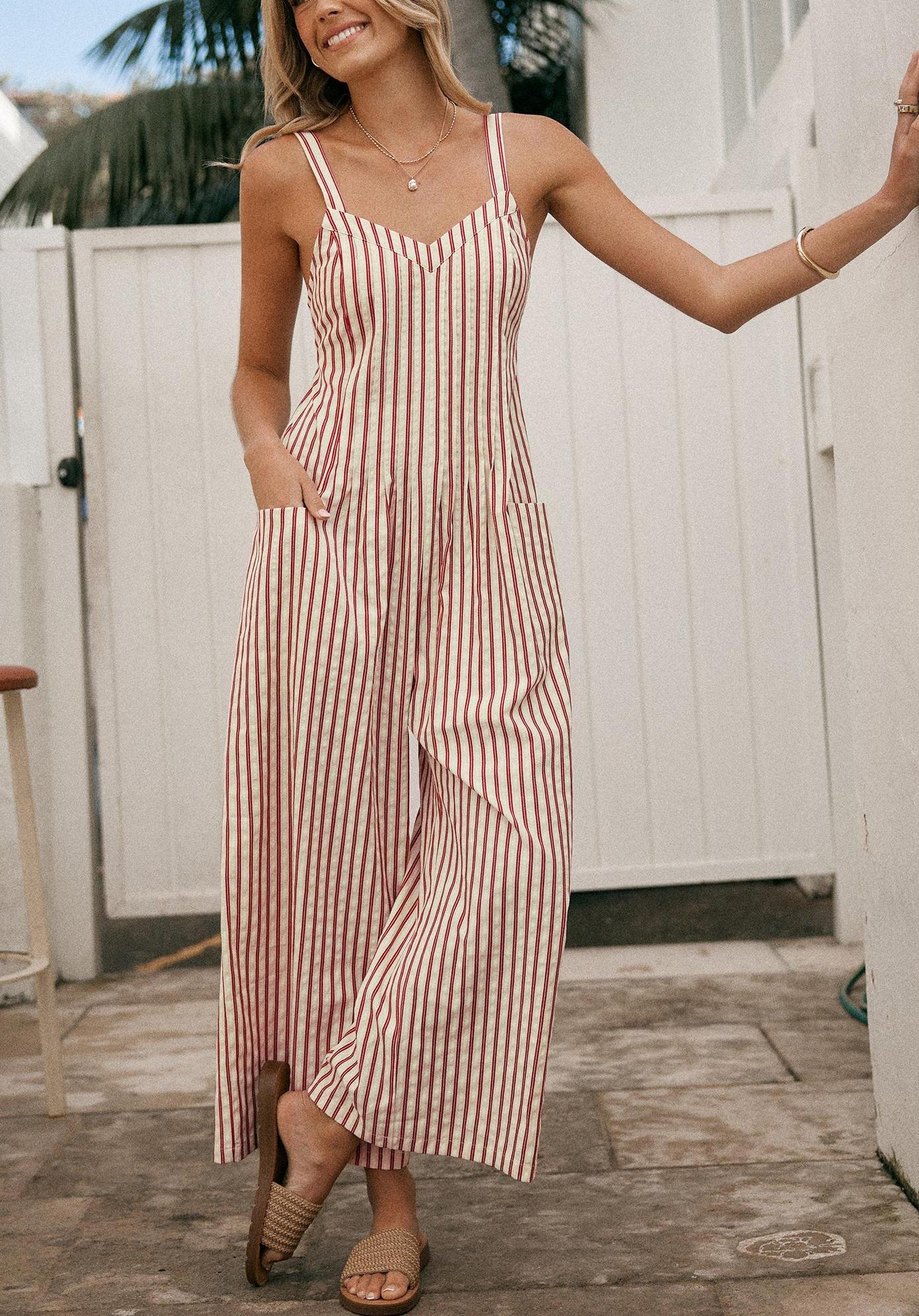 Women's Striped Sleeveless Ruffled Hollow Back Wide Leg Jumpsuit