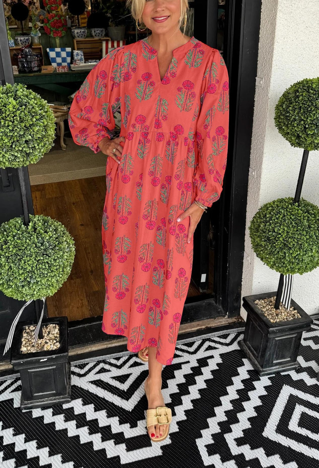 Women's V-neck Printed Long Sleeve Midi Dress