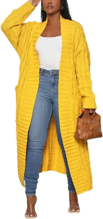 Women Open Front Long Sleeve Chunky Cable Knit Duster Cardigans with Pockets