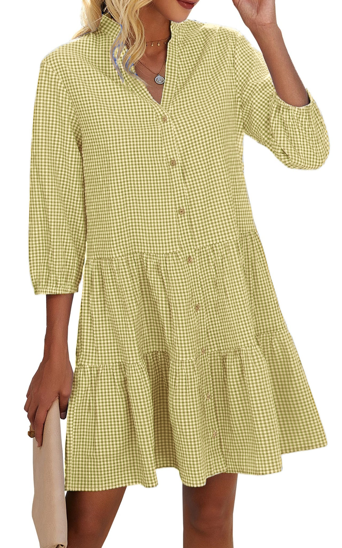 Women's Button Down 3/4 Sleeve Gingham Shirt Dress