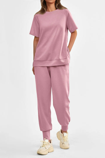 Women's Summer Casual Short Sleeve Tops High Waisted Sweatpants Set