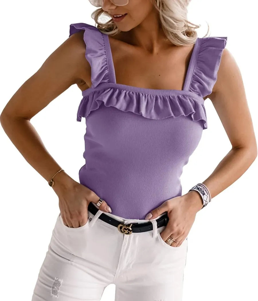 Women's Cute Ruffle Wide Strap Square Neck Knitted Tank Tops