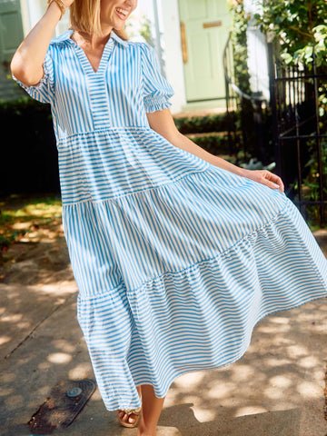 Women's Striped V-Neck Puff Sleeve Dress
