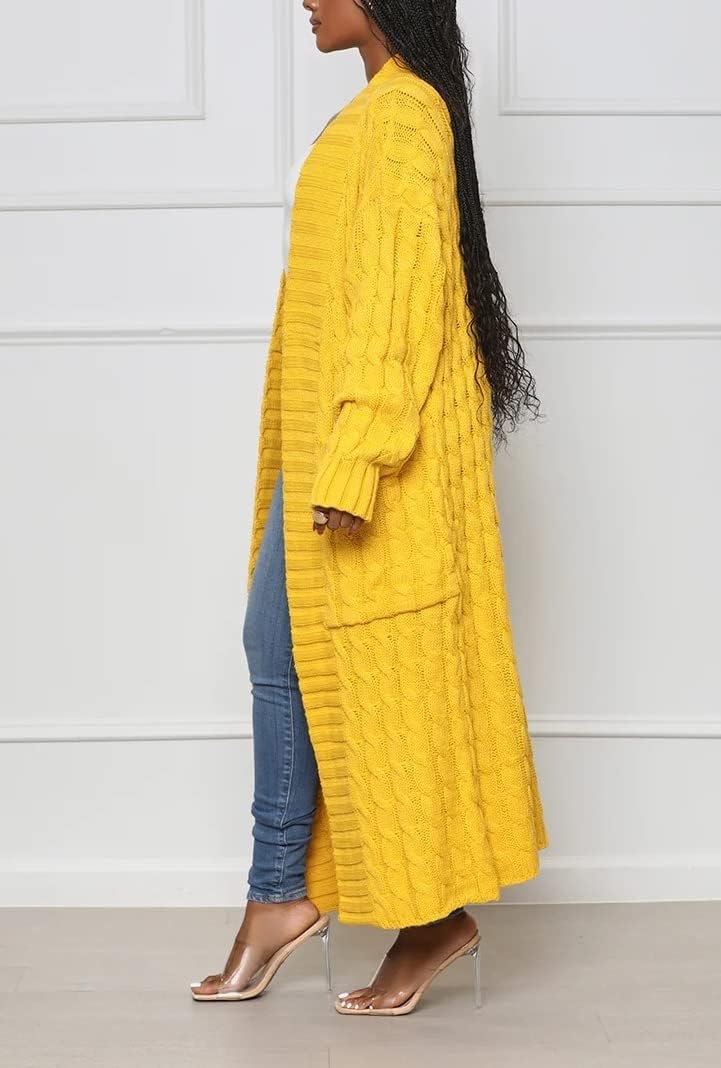 Women Open Front Long Sleeve Chunky Cable Knit Duster Cardigans with Pockets