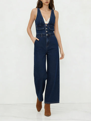 Women's Chic V-Neck Relaxed Fit Denim Jumpsuit