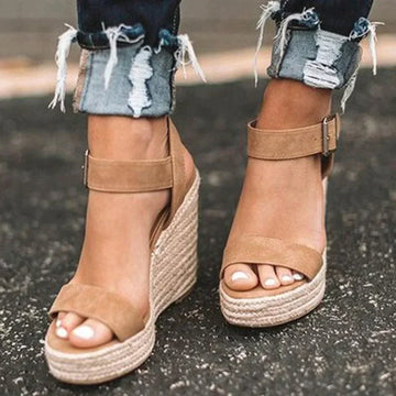 Women's Woven Adjustable Buckle Sandals with Wedge Heel and Versatile Design