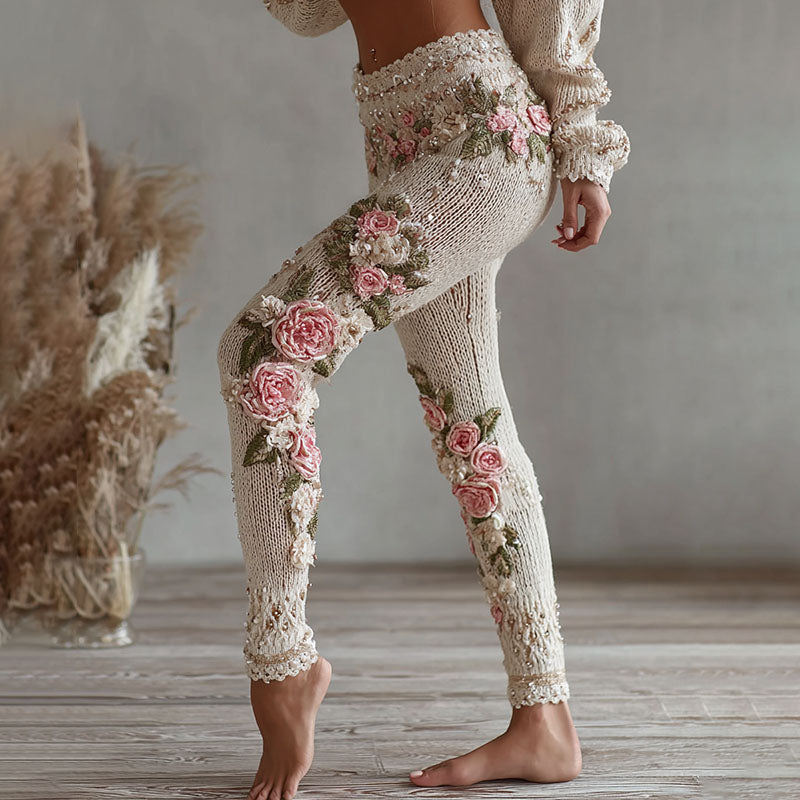 Women's Vintage Pink Floral Art Cozy Knit Leggings