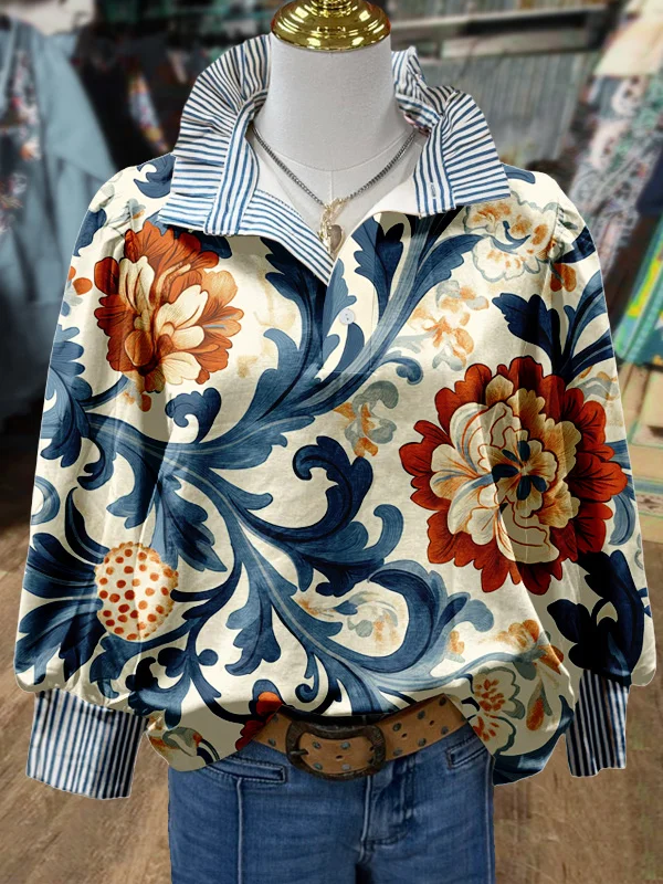 Vintage Floral Print Striped Collar Top