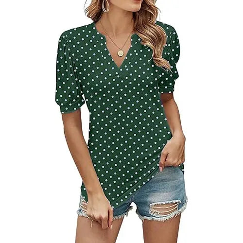 Women's Polka Dot V-neck Short Sleeve Shirt Puff Sleeve Top