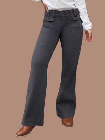 Solid Button Detail Flap Pocket Straight Leg Pants