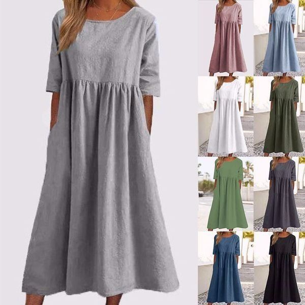 Women's Casual Basic Outdoor Crew Neck Pocket Smocked Cotton Dress