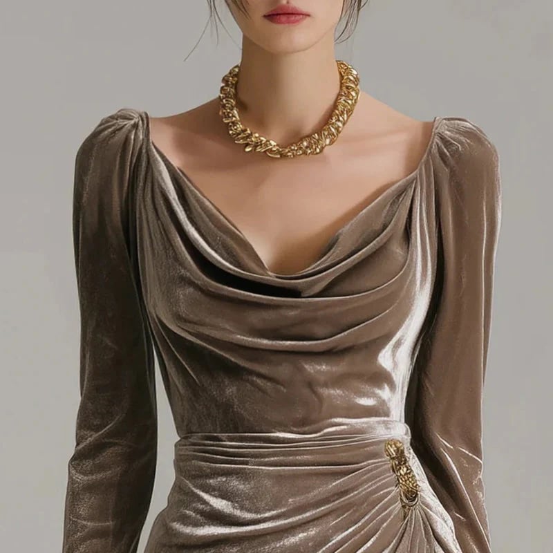 Long Sleeve Cowl Neck Bodycon Dress with Thigh Slit