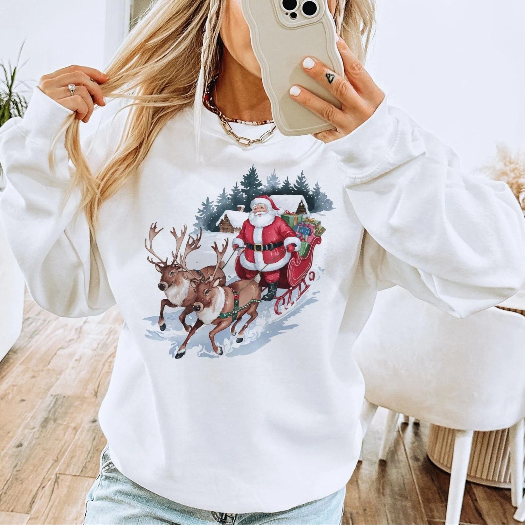 Retro Santa and Reindeer Christmas Winter Cabin Sweatshirt