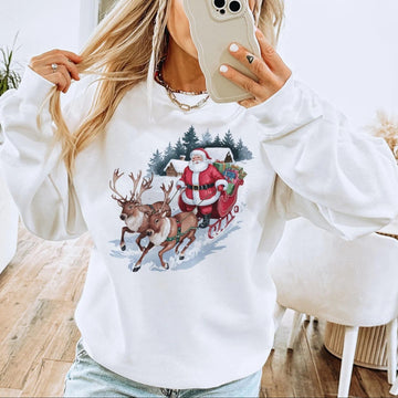 Retro Santa and Reindeer Christmas Winter Cabin Sweatshirt
