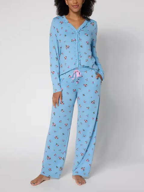 Womens Cozy Jersey Ruffle Cardigan Pajama Set