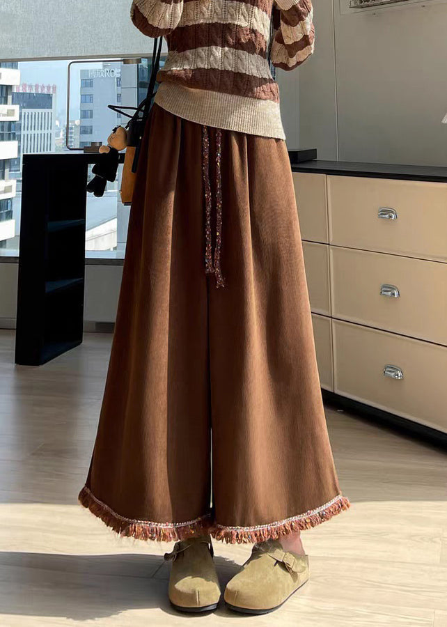 Coffee Pockets Tasseled Corduroy Wide Leg Pants Elastic Waist