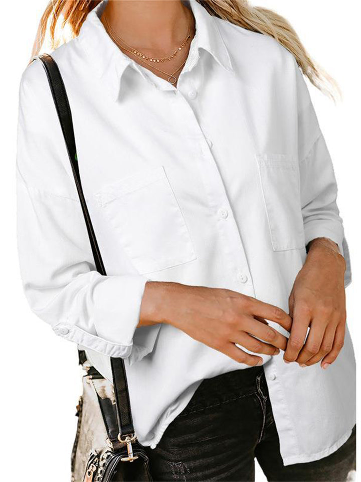 Spring Autumn New Extra Loose Pockets Roll-up Sleeves Women Shirts