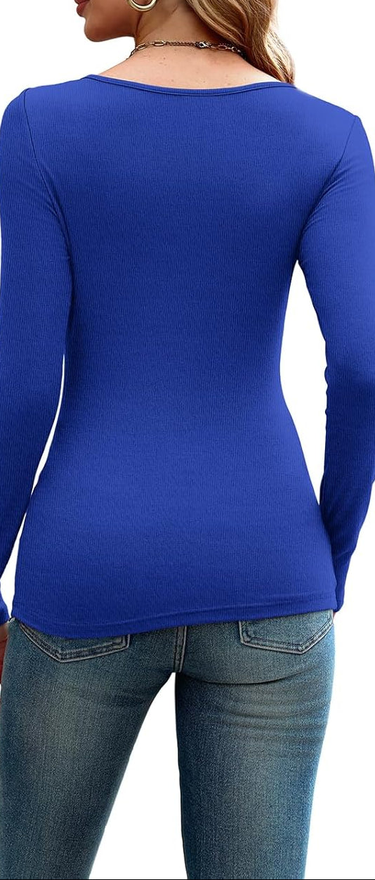 Womens Cutout Long Sleeve Shirts Ribbed Slim Fit Tops