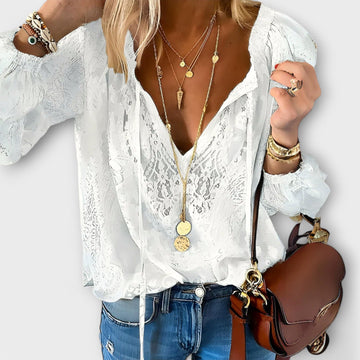 Women's Boho Lace Blouse with V-Neck and Long Sleeves