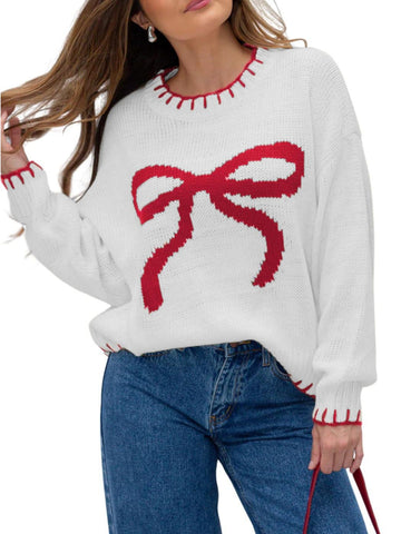 Bow Crew Neck Knitted Sweater Pullover