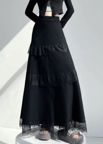 Black Original Design Lace Patchwork Knit A Line Skirts