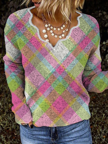 Casual Wave Collar Plaid Printed Plush Top