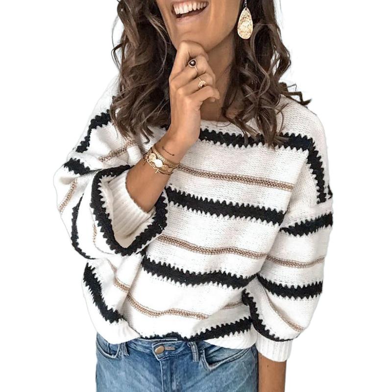 Womens Color Block Sweaters Long Sleeve Crewneck Pullover Knit Jumper Tops