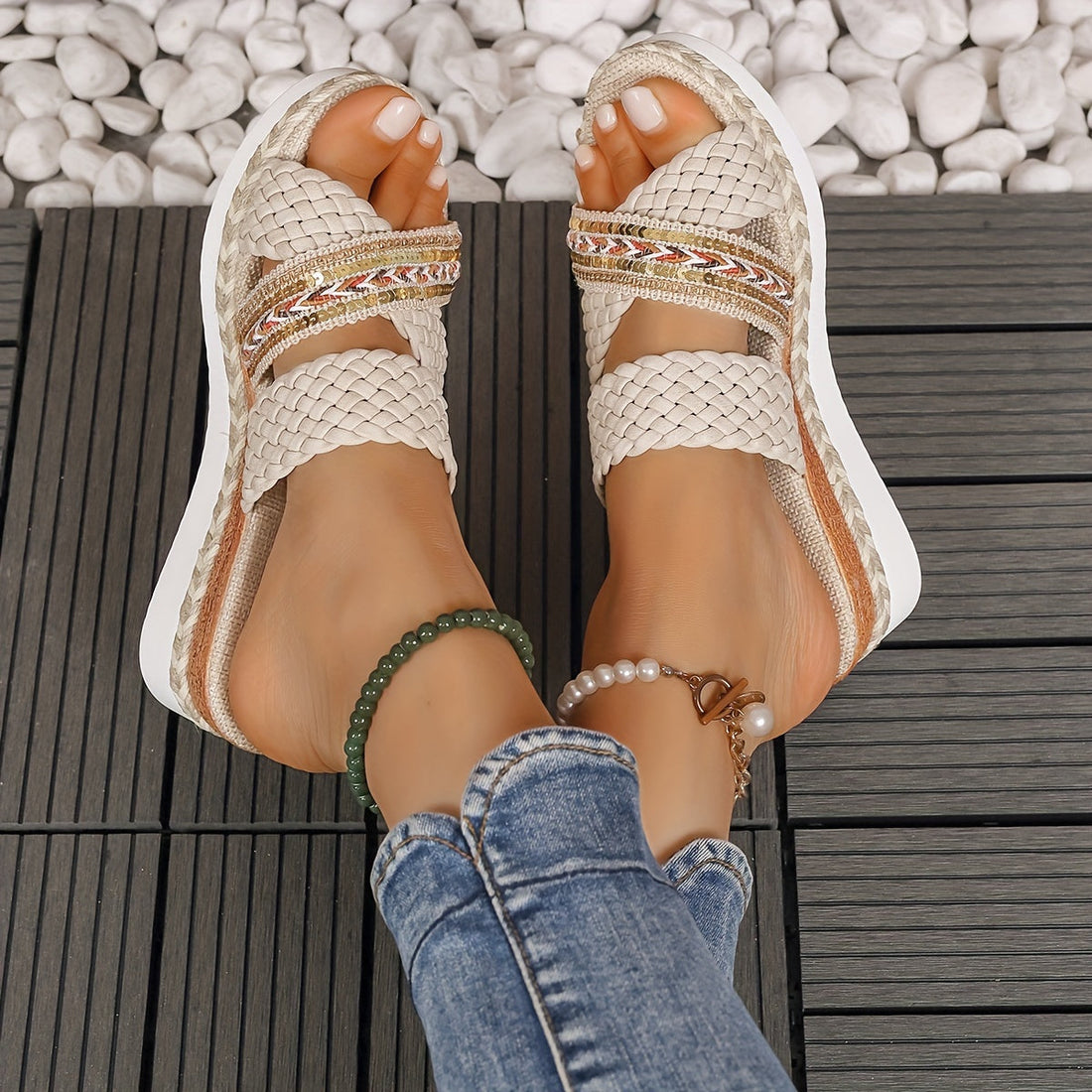 Women's Woven Slip-On Sandals with Flexible Sole and Breathable Design