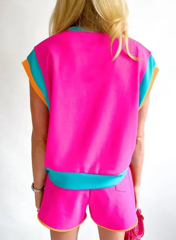 Women's Colorblock Casual Short Sleeve Tracksuit Set