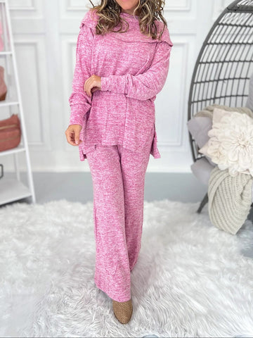 Women's Soft Knit Fold Boat Neck Top and Pants Lounge Set