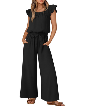 Women's Linen Ruffle Sleeve Solid Color Jumpsuit