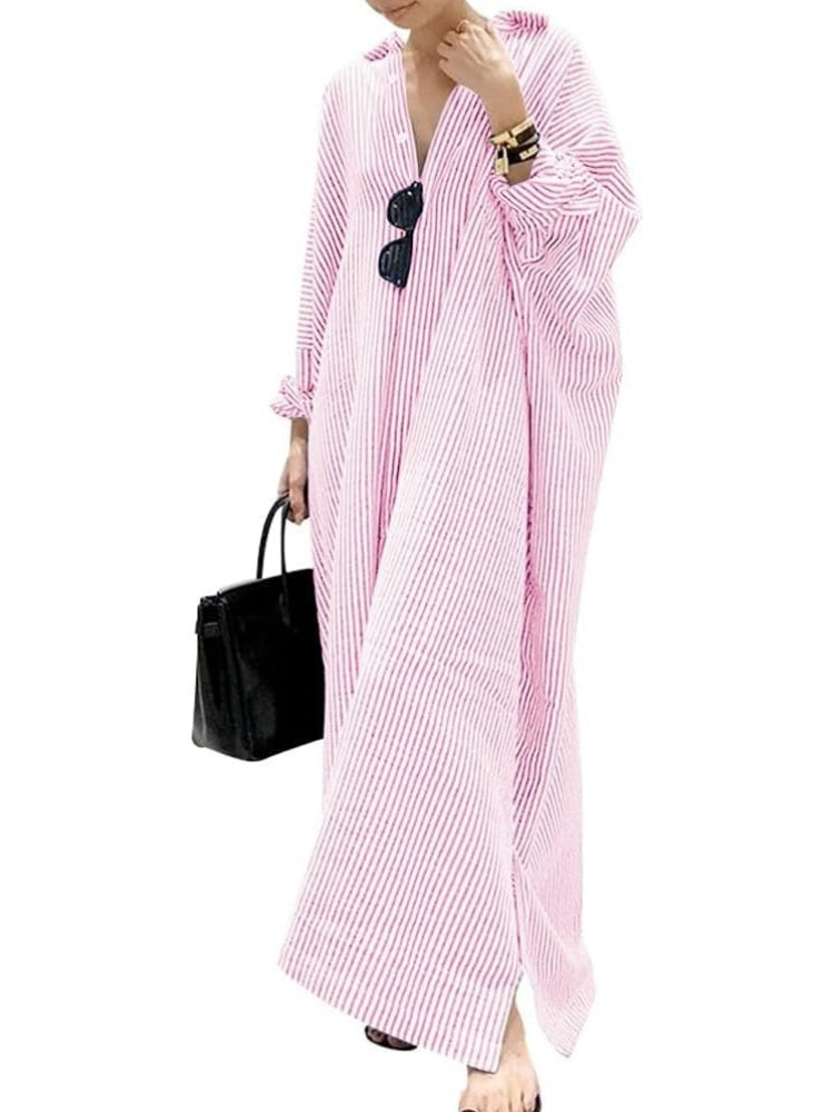Women's Casual Button Down Loose Striped Cotton Maxi Shirt Dress