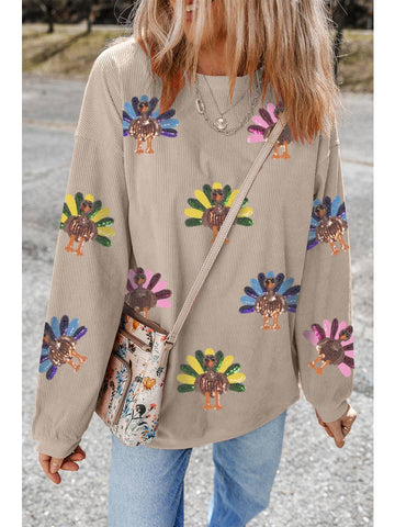 Sequin Turkey Patch Thanksgiving Corduroy Sweatshirt