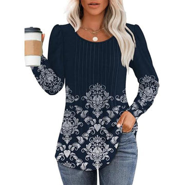 Womens Dressy Long Sleeve Pleated Tops Casual Chic Crew Neck Blouses