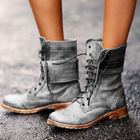 Retro Lace Up Combat Boots Women's Motorcycle Boots Cow Heel Combat Boots