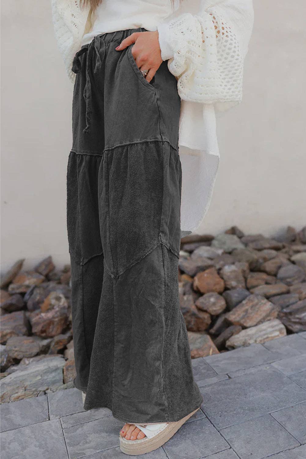 Mineral Wash Tiered Wide Leg Patchwork Drawstring Pants
