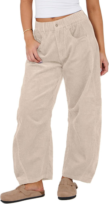 Women's Corduroy Pants Barrel Mid-Rise Elastic Waist Cord Pants