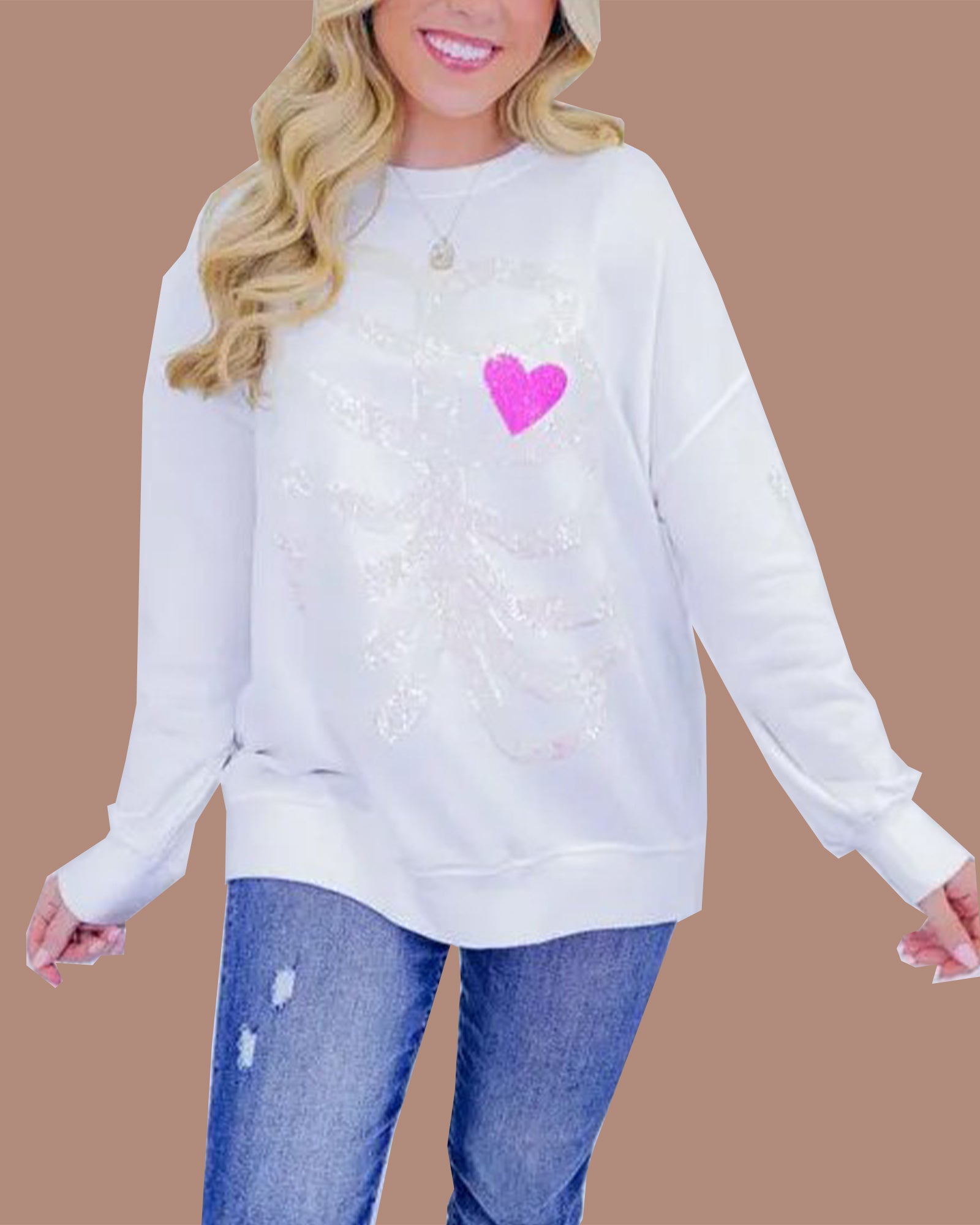 Women's Heart Skeleton Sequin Embellished Sweatshirt
