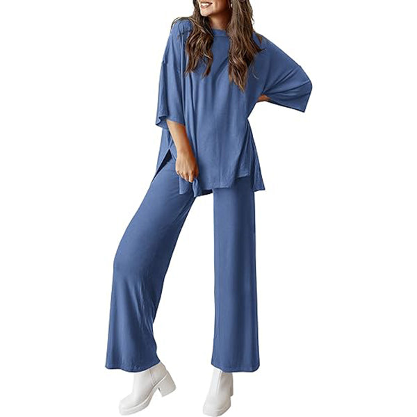 Women's 2 Piece Outfits Casual Short Tops and Wide Leg Pants Lounge Sets