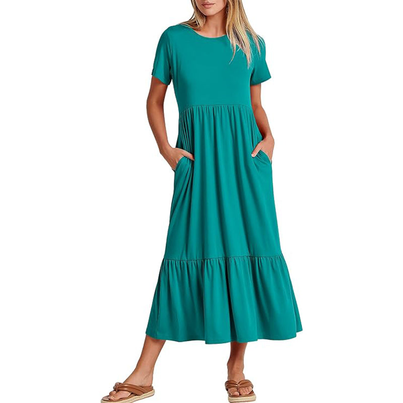 Women's Casual Maxi Dress A line Tiered Flowy Short Sleeve Crewneck T Shirt Beach Travel Long Dresses
