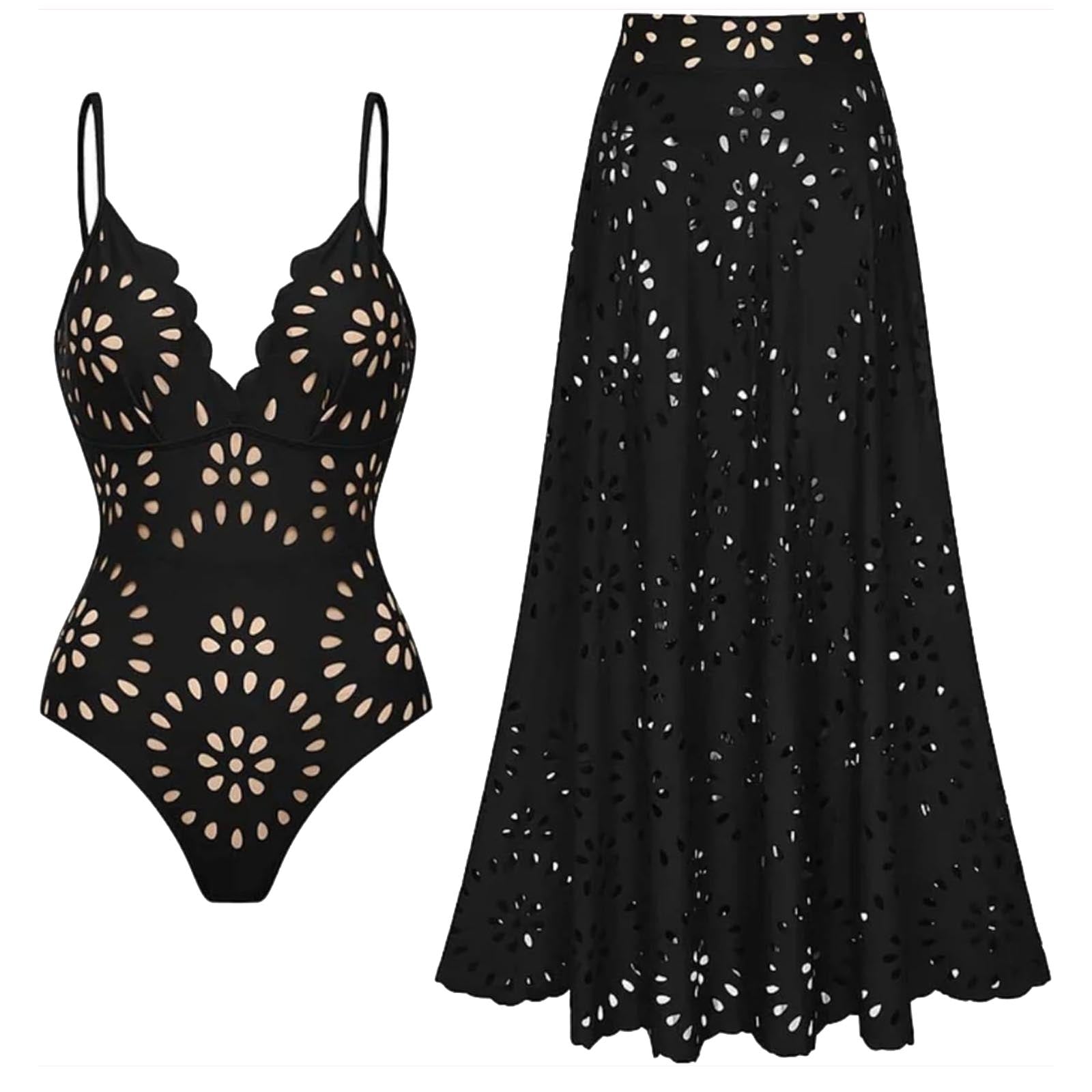 Women's One Piece Bathing Suit Petal Hollow V Neck Swimsuit and Skirt