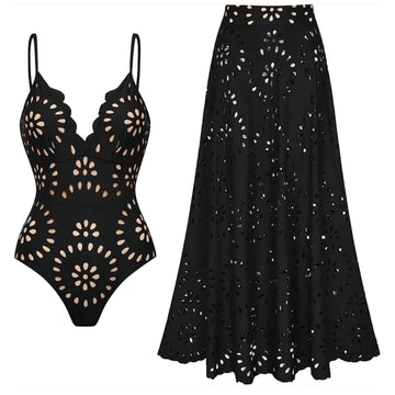 Women's One Piece Bathing Suit Petal Hollow V Neck Swimsuit and Skirt